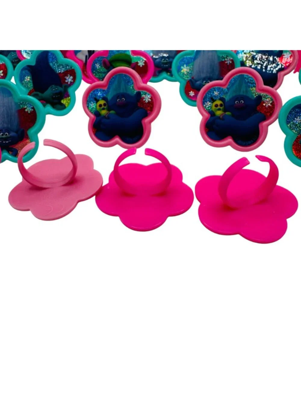 Trolls Plastic Party Favor Rings 24-Piece Set Pink & Teal Glittery Design